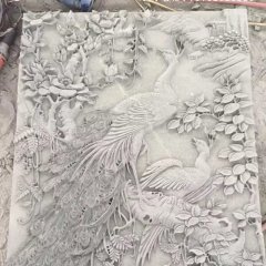 石雕百鳥(niǎo)朝鳳浮雕，漢白玉石浮雕