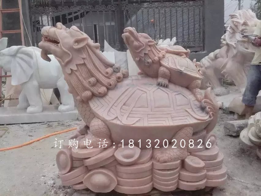 母子龍龜石雕,晚霞紅龍龜雕塑