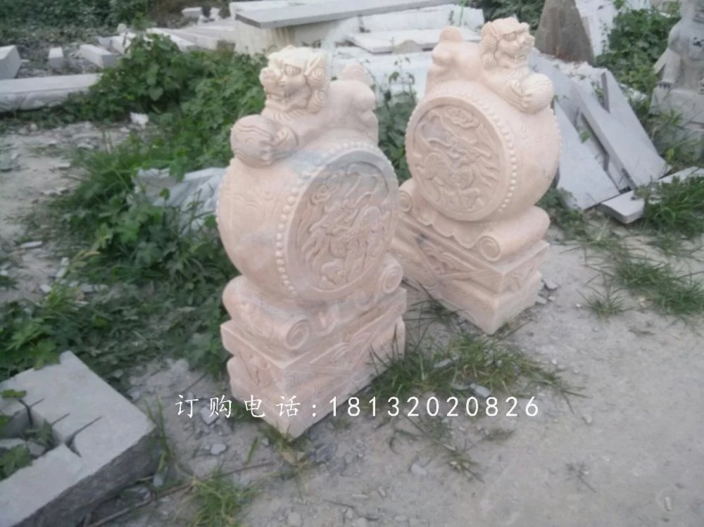 獅子門墩雕塑,晚霞紅石雕抱鼓 (1)