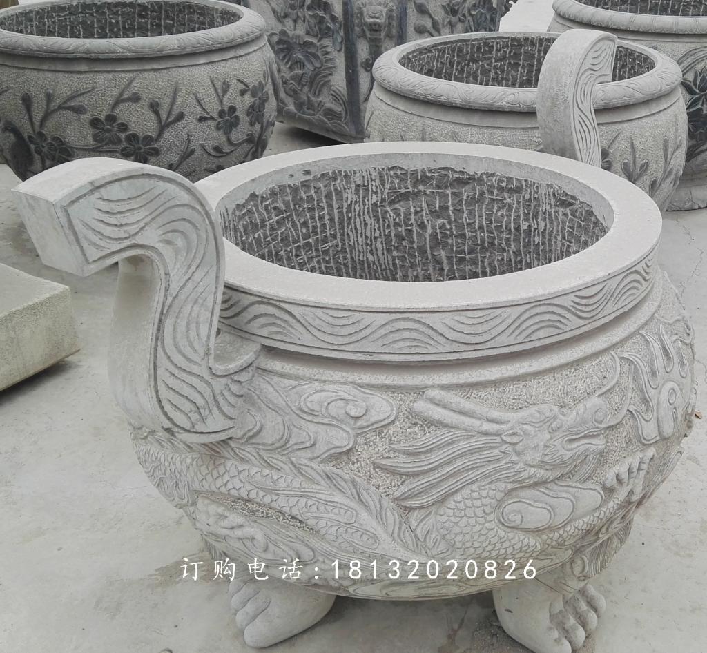 龍浮雕香爐，寺廟香爐石雕 (2)