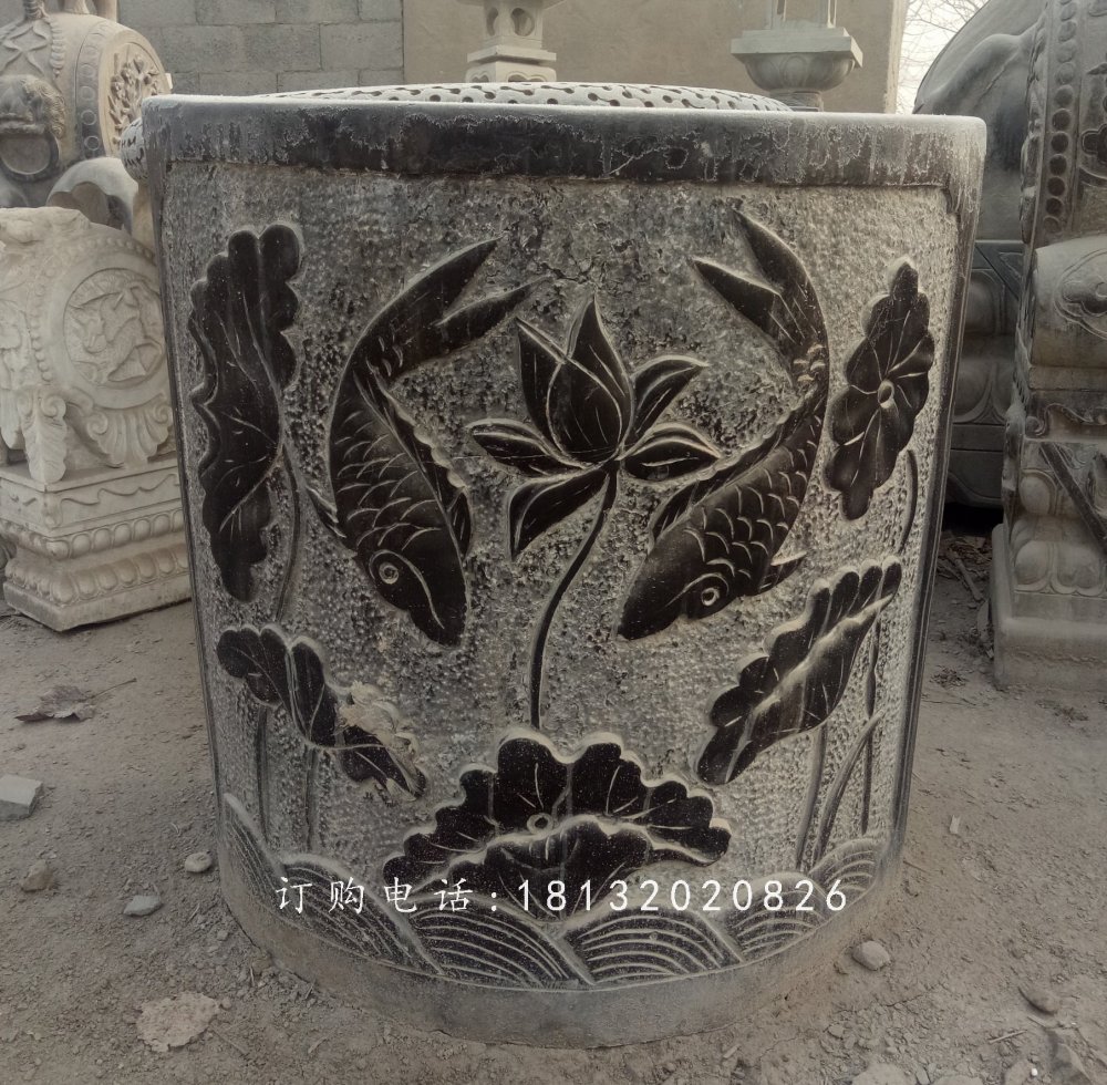 仿古青石水缸石雕，魚(yú)戲水中浮雕水缸雕塑 (1)