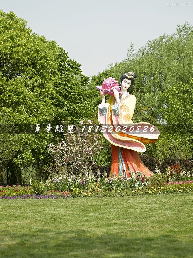 古代美女采花雕塑，玻璃鋼仿真人物雕塑
