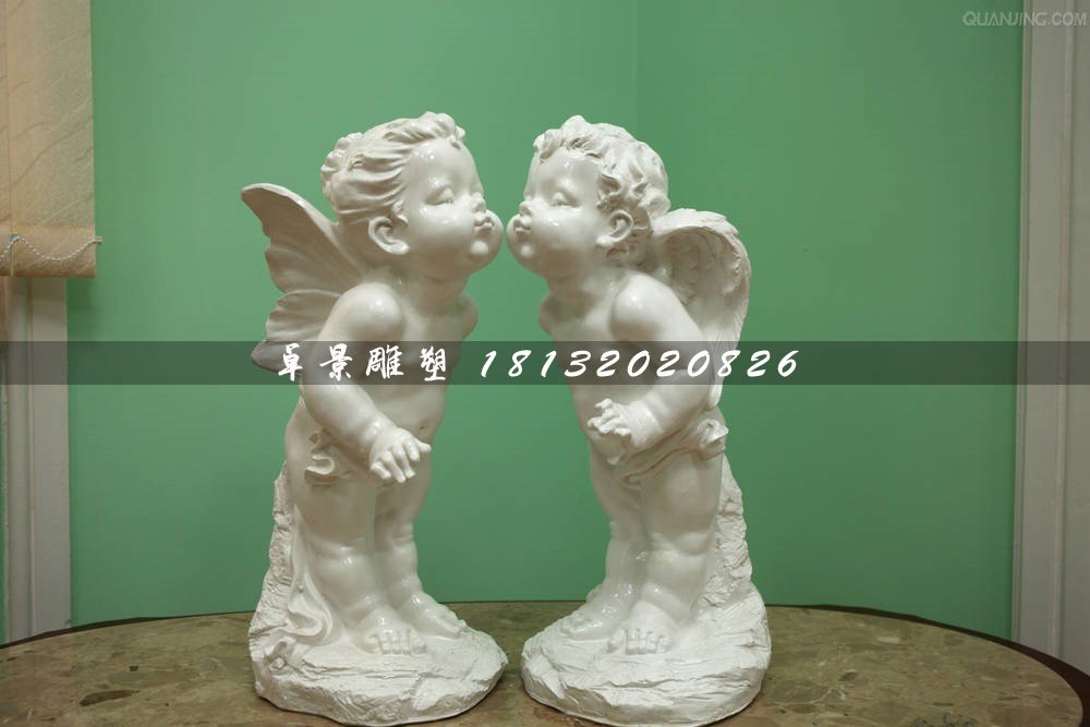 親吻小天使石雕，漢白玉小孩石雕