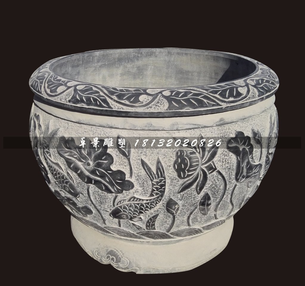 青石荷花魚水盆,仿古石水缸 (2)