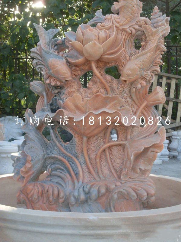 鯉魚荷花石雕，晚霞紅石雕