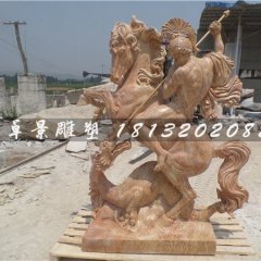 西方人物騎馬石雕，晚霞紅景觀石雕
