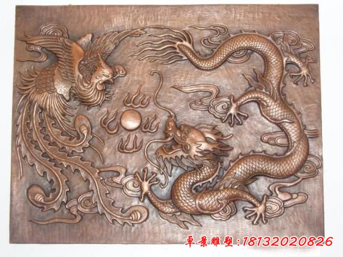 銅浮雕，龍鳳戲珠銅浮雕