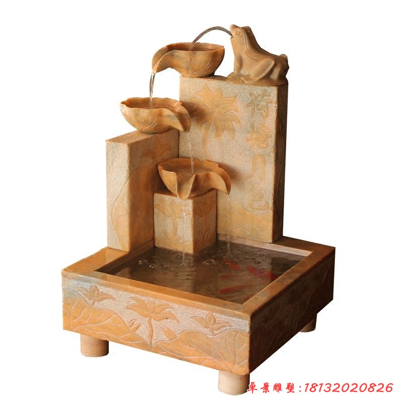 晚霞紅荷塘月色流水?dāng)[件，庭院流水石缽